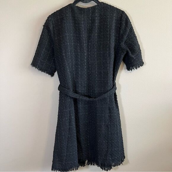 ✨ Bardot Boucle Tweed Zip Front Frayed Hem Dress Medium 8 Black - Picture 9 of 11